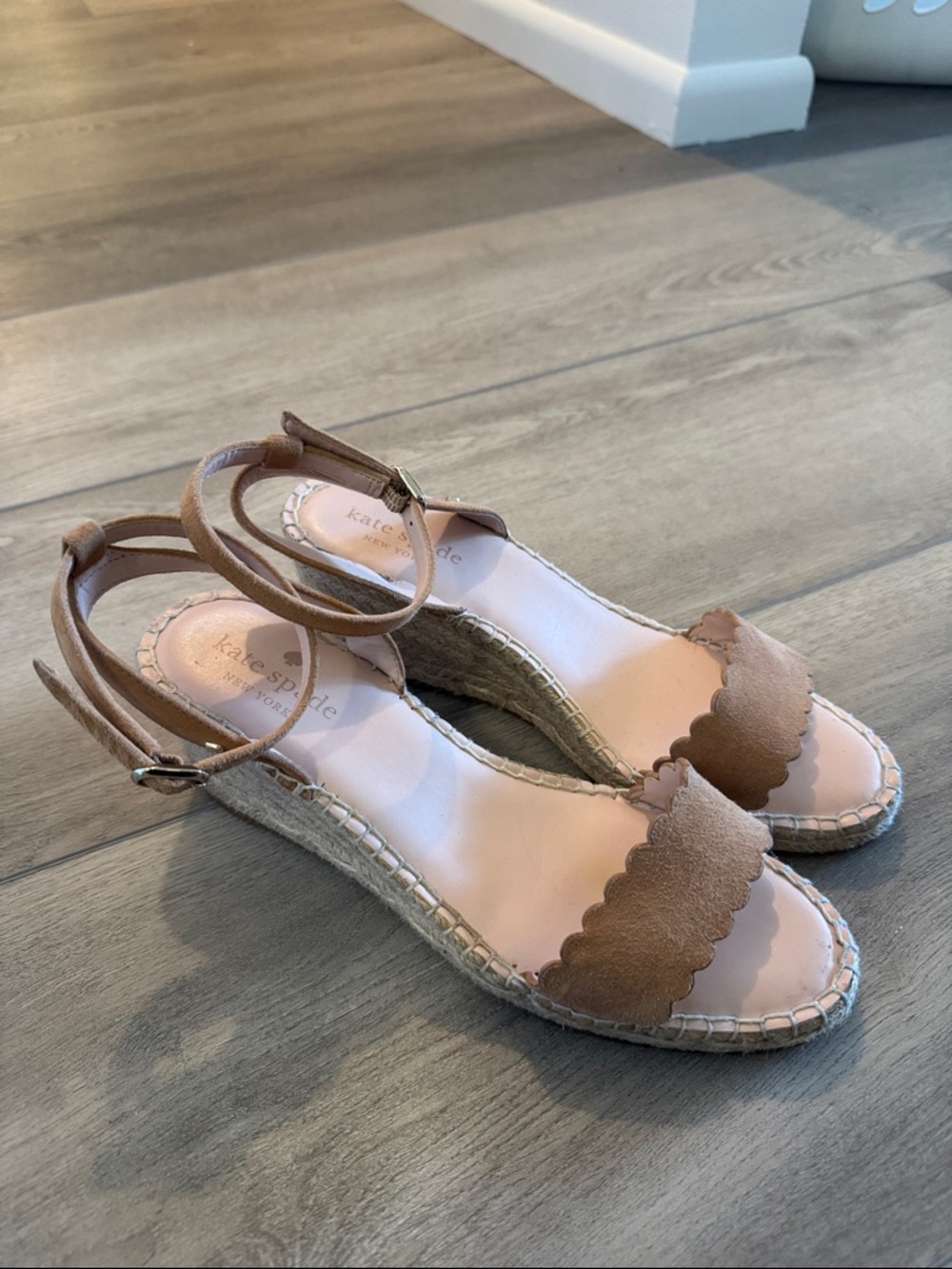 kate spade Scalloped Tan Suede Espadrille Wedge Sandals